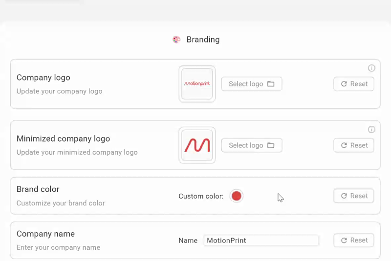 Brand color picker updating the application UI in real time