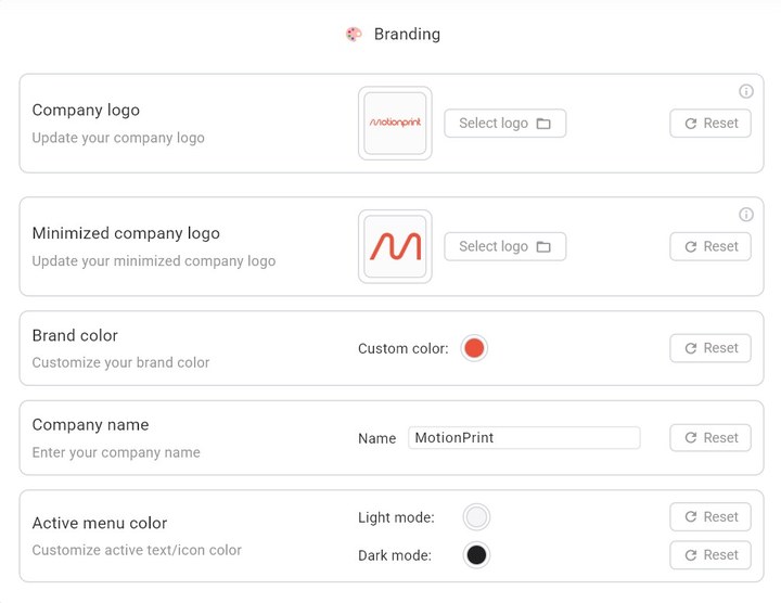 Settings → General — Branding section showing Company Logo, Minimized Logo, Brand Color, Company Name, and Active Menu Color
