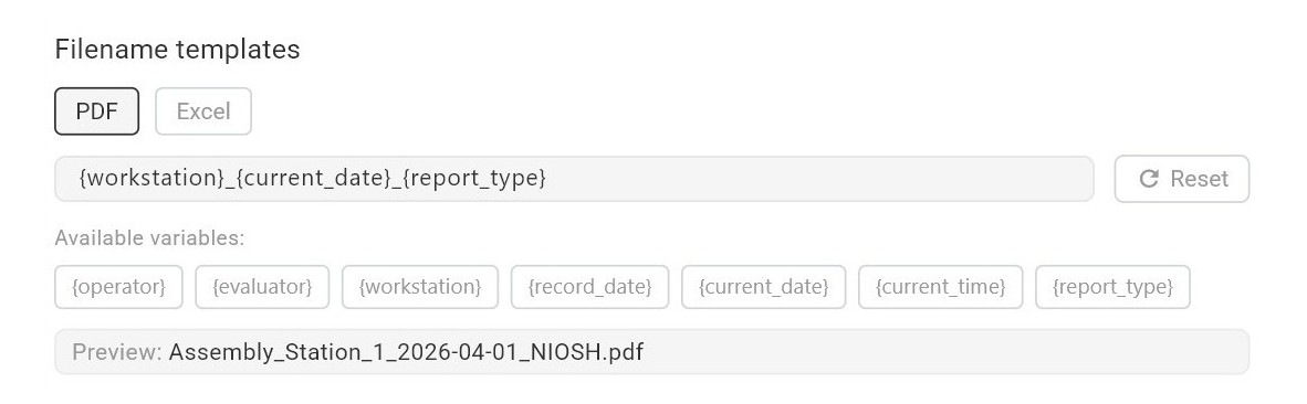 Filename template settings showing PDF and Excel tabs, template input field, available variables, and a live filename preview