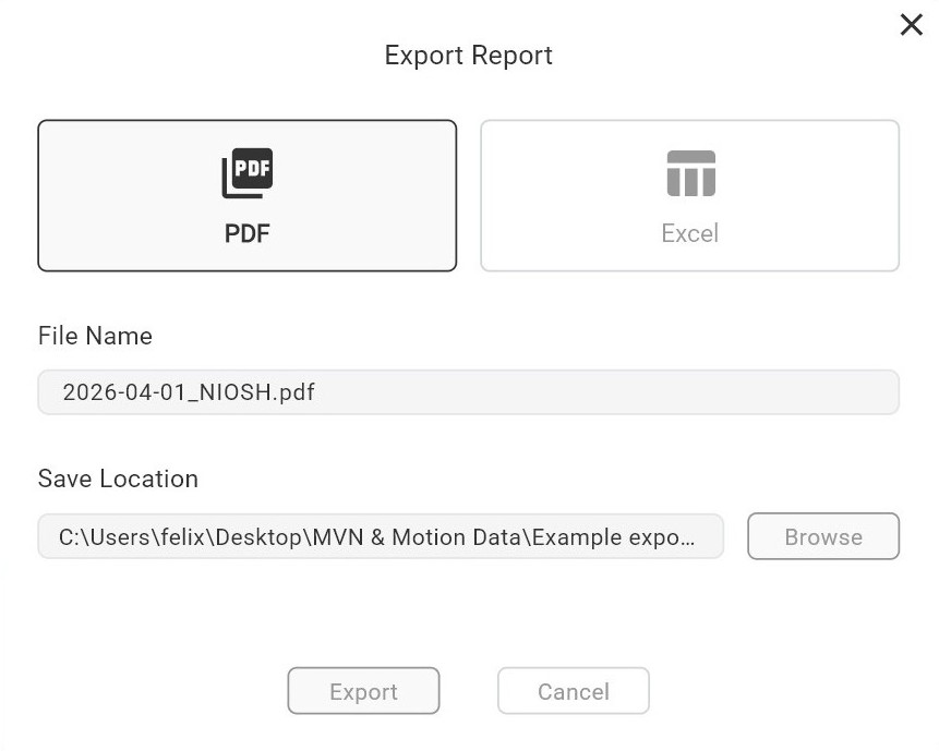 The Export Report dialog showing format selection, filename field, and save location