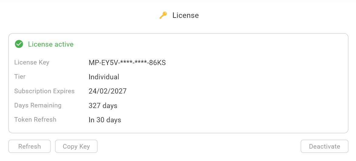 Settings → License page in Motionprint Ergo