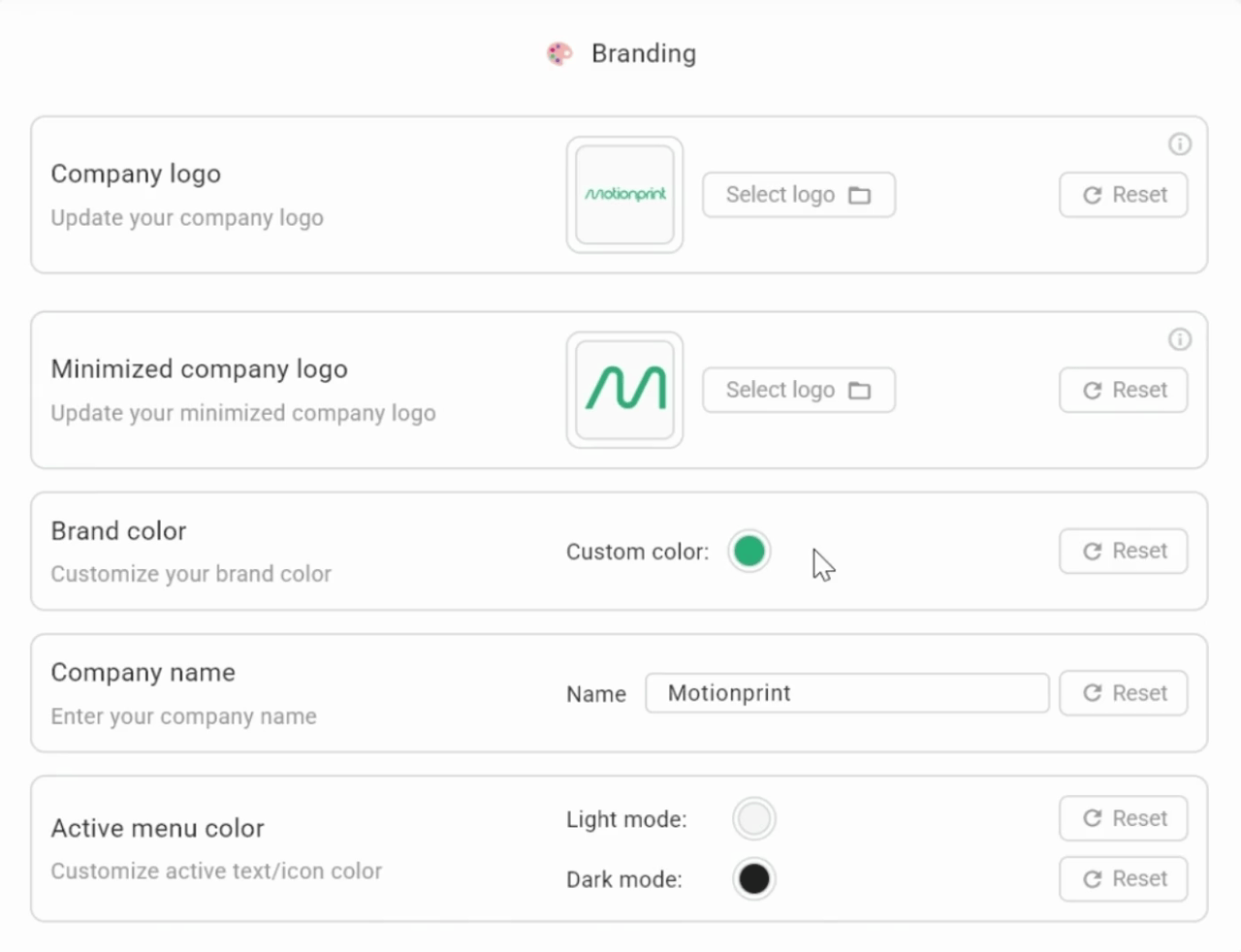 Brand color picker updating the application UI in real time