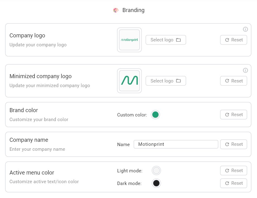 Settings → General — Branding section showing Company Logo, Minimized Logo, Brand Color, Company Name, and Active Menu Color