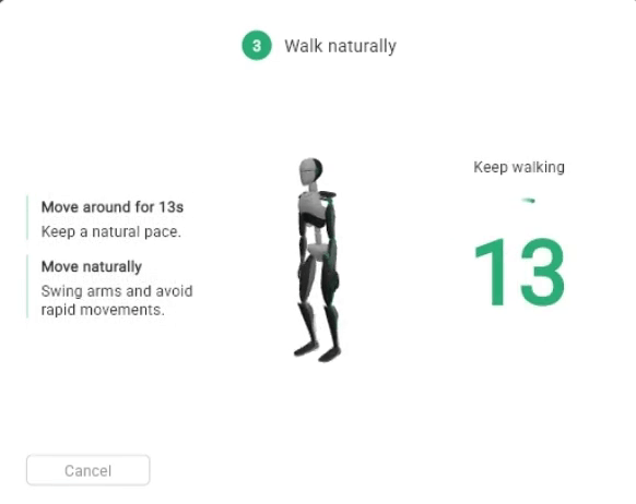 The Walk naturally calibration step with the Keep walking countdown while the subject walks
