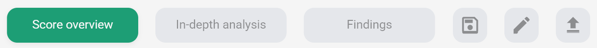 The report tab bar with the Score overview, In-depth analysis and Findings tabs and the Save Project, Edit and Export buttons
