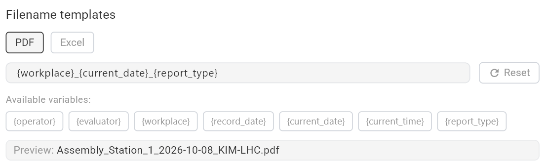 Filename template settings showing PDF and Excel tabs, template input field, available variables, and a live filename preview