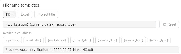 Filename template settings showing PDF and Excel tabs, template input field, available variables, and a live filename preview