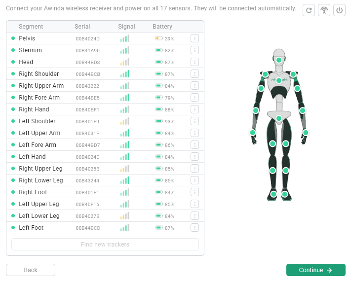 The hardware setup page listing all 17 sensors with segment, serial, signal quality and battery level, and the refresh, radio channel and disconnect buttons top right
