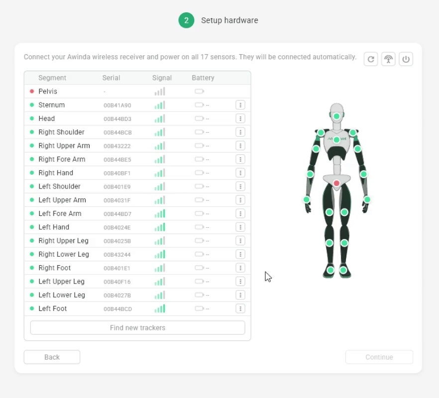 Finding a new tracker, then moving the unassigned sensor to the empty Pelvis segment via Choose segment
