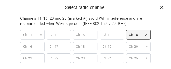 The Select radio channel dialog with channels 11 to 25, the recommended channels marked with a star and channel 15 selected