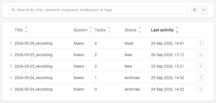 The Recordings Database listing .mpcap recordings with title, system, number of tasks, status and last activity