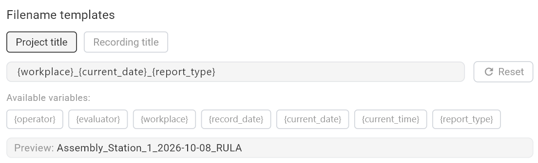 The Project title template in Settings → General → Database with available variables and a preview