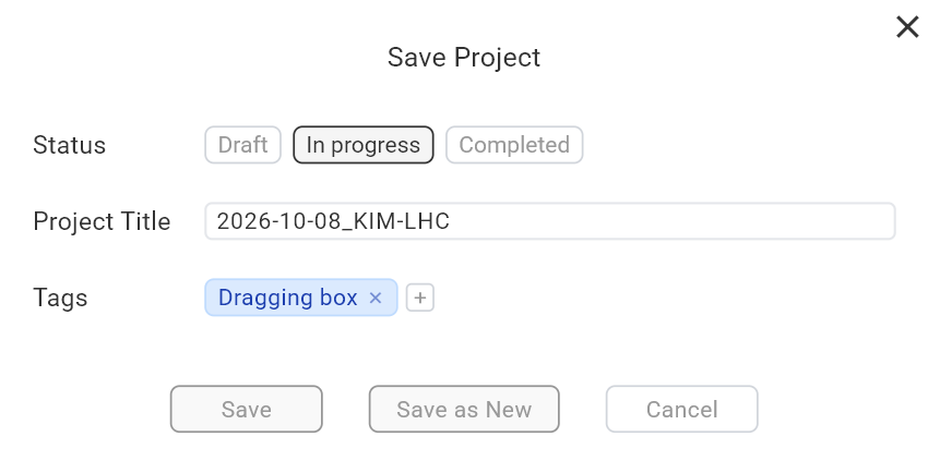 The Save Project dialog for a KIM-LHC report with status, project title and tags
