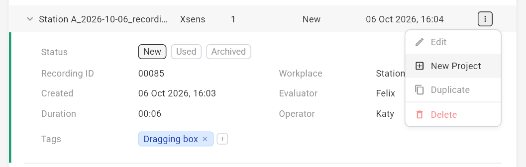 An expanded recording row showing status, recording ID, created date, duration, workplace, evaluator, operator and tags, with the action menu open