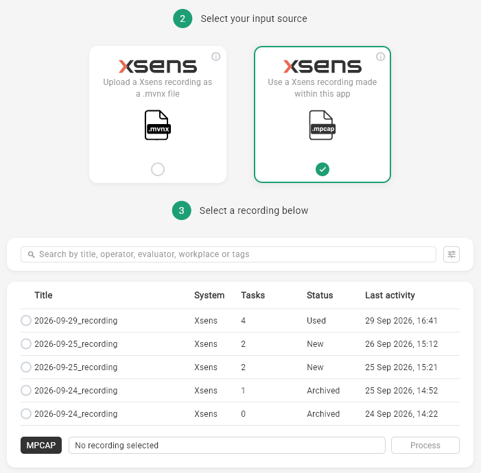 The Input Source page with both tiles, the recording tile selected and the saved recordings listed below