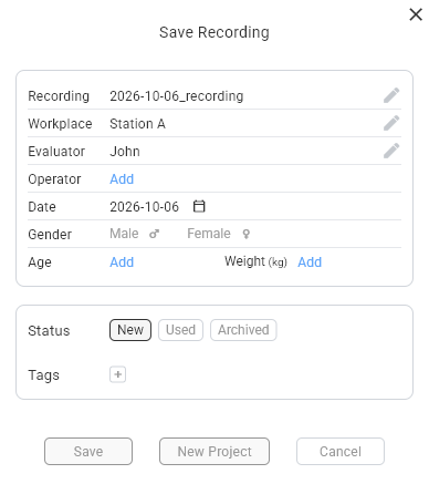 The Save Recording window with title, metadata, status and tags, and the Save, New Project and Cancel buttons