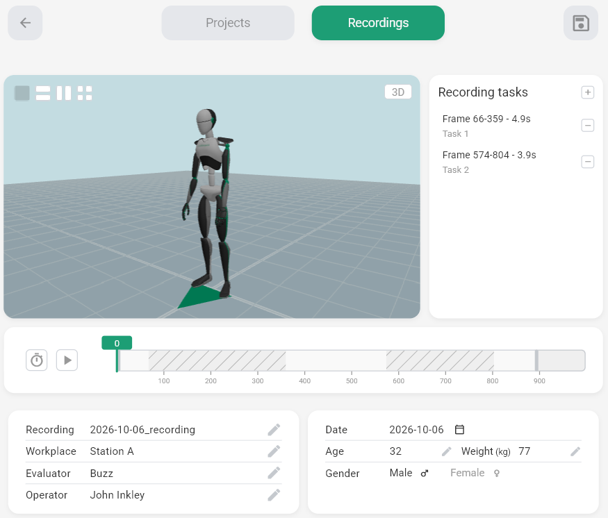 The recording viewer with the 3D viewport, the Recording tasks panel, the timeline and the recording metadata