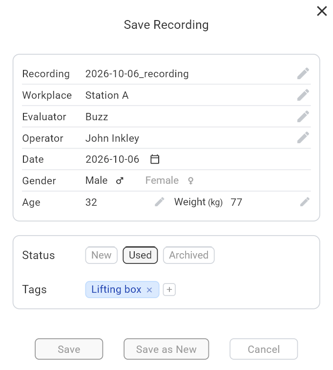 The Save Recording window pre-filled with the recording's details, with Save, Save as New and Cancel buttons