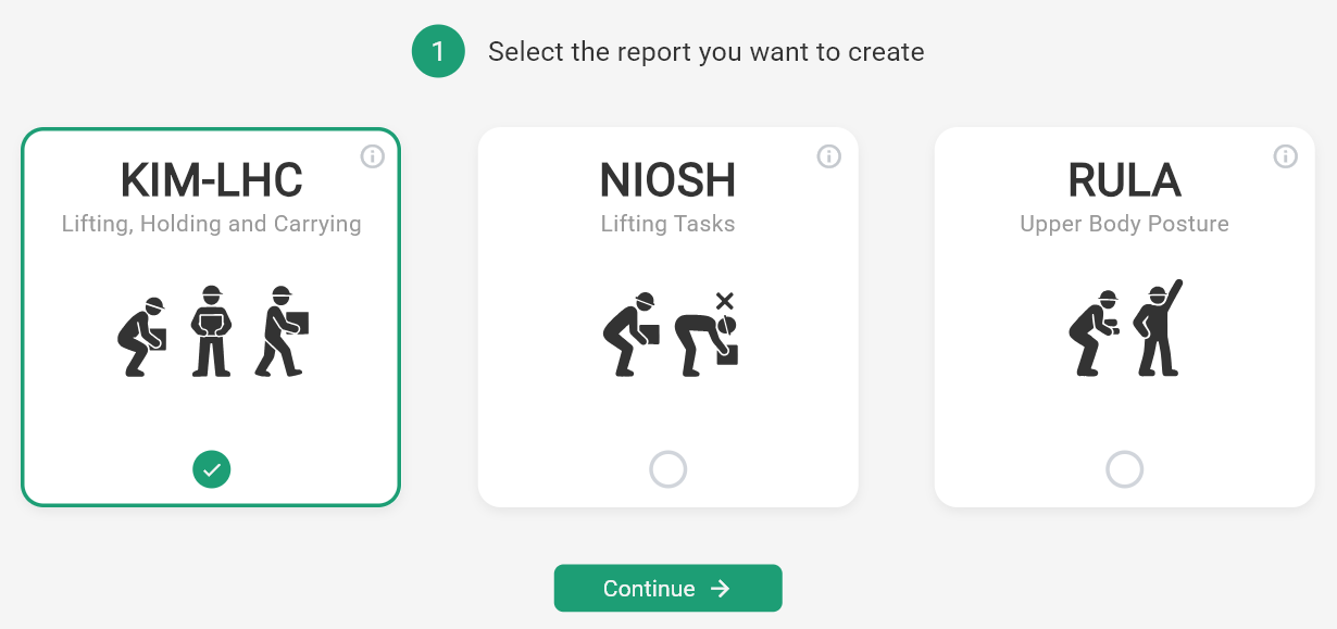 The Create page with the KIM-LHC, NIOSH and RULA tiles and KIM-LHC selected