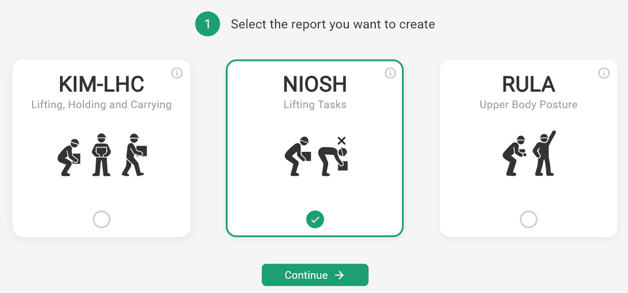 The Create page with the KIM-LHC, NIOSH and RULA tiles and NIOSH selected