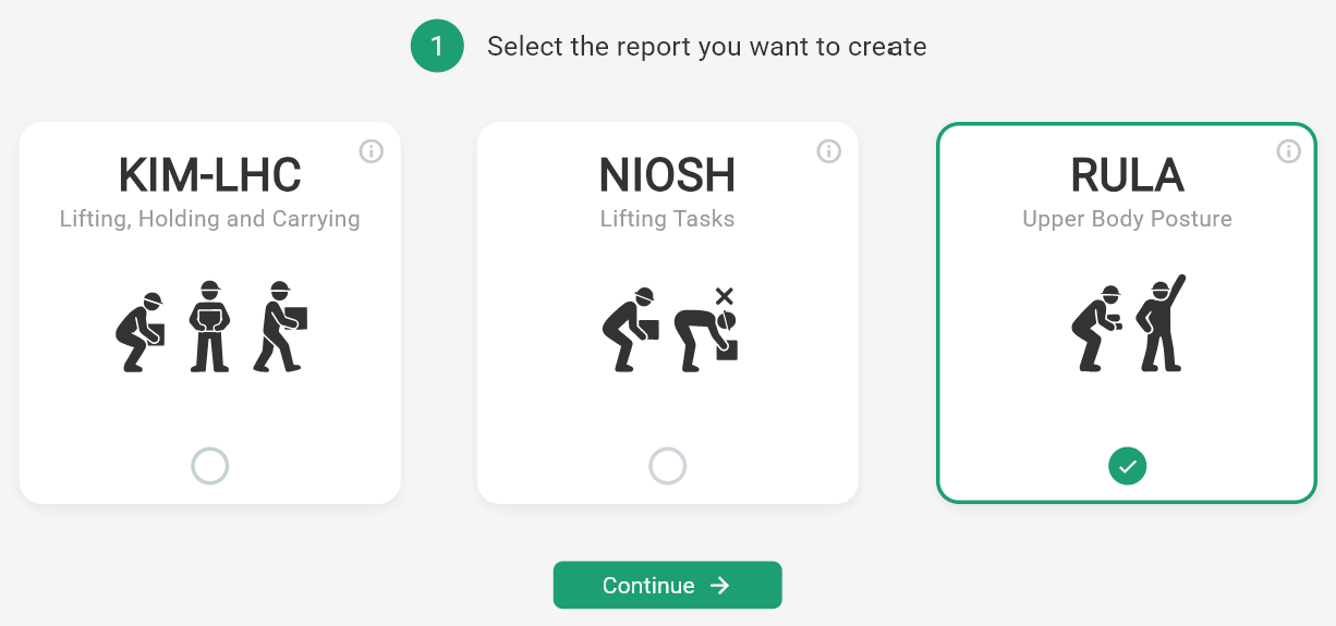 The Create page with the KIM-LHC, NIOSH and RULA tiles and RULA selected