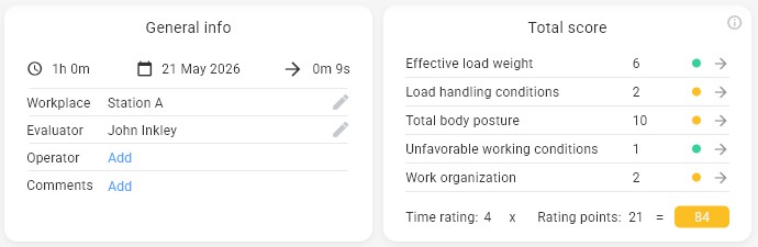 Score Overview tab in Motionprint Ergo showing the KIM-LHC result
