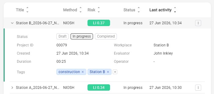 A project row expanded in the Projects Database showing the detail panel with project ID, creation date, recording duration, tags, workstation, evaluator, and operator fields