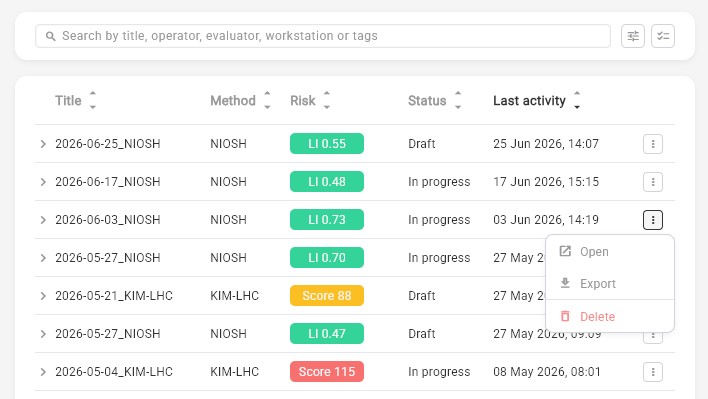 The Projects Database list view showing several projects with method, risk badge, status, last activity, and the three-option action menu expanded