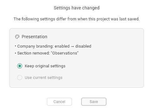 The settings dialog showing a list of changed settings with Use Current Settings and Keep Original Settings buttons