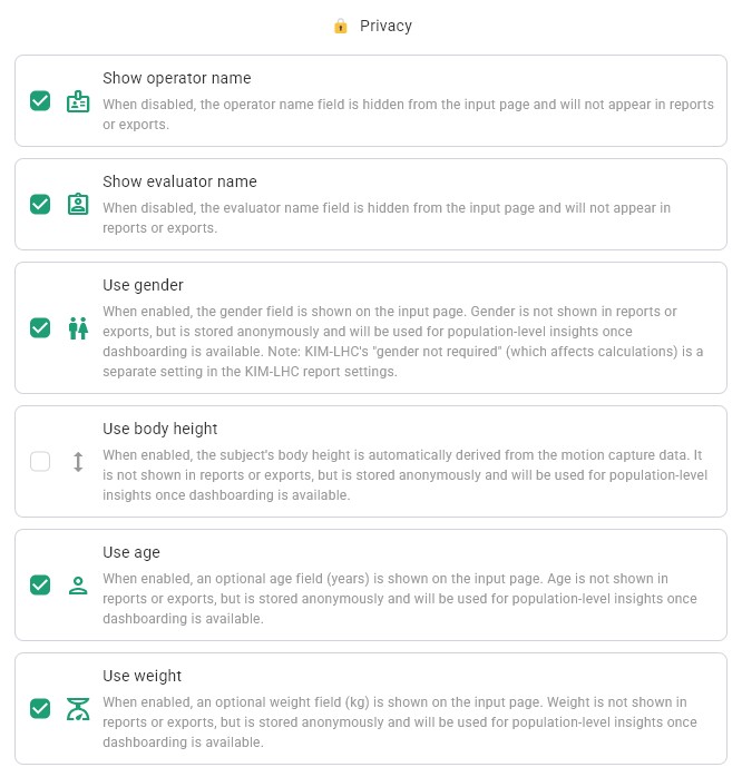 The Privacy Settings panel in Motionprint Ergo showing toggles for operator name, evaluator name, gender, body height, age, and weight